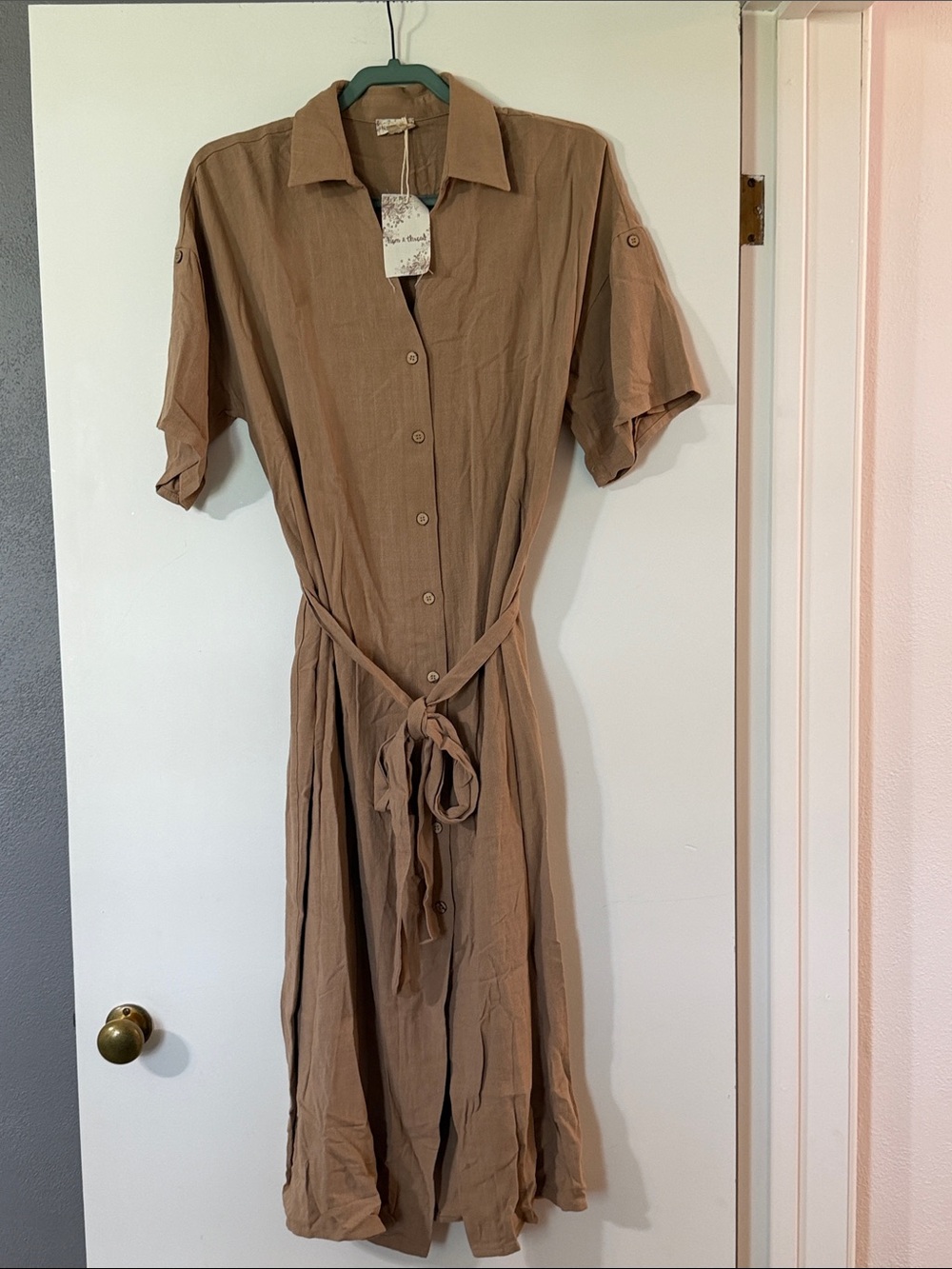 Hem & Thread Brown Button-Front Midi Shirt Dress with Tie Waist